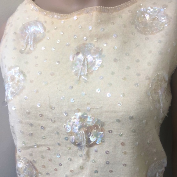 VTG 60s Vanilla Sleeveless Sequins Beaded Sweater Lined Wool Tassels Back Zip - Picture 2 of 9